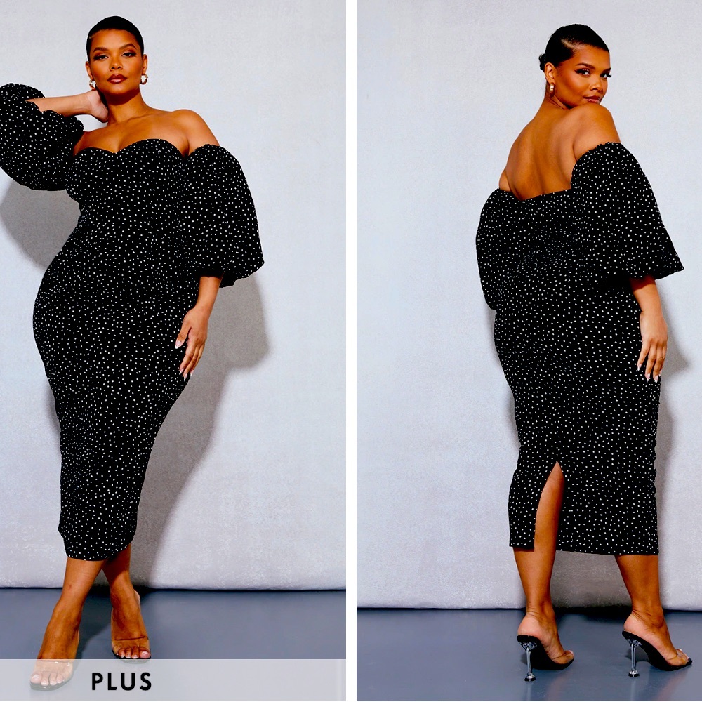 Black Polka Dot Bandeau Puff Sleeve Midi Dress